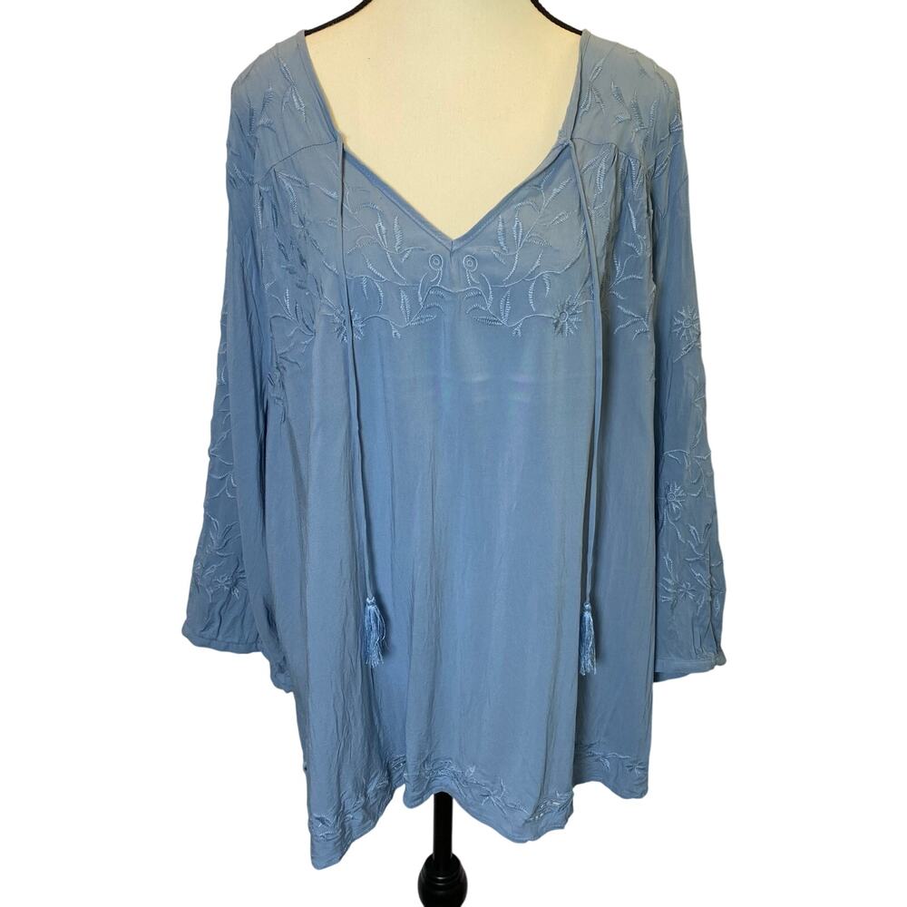 Cynthia Rowley Women's Embroidered Tunic Blouse Size 3X Rayon V-Neck Tassel Ties